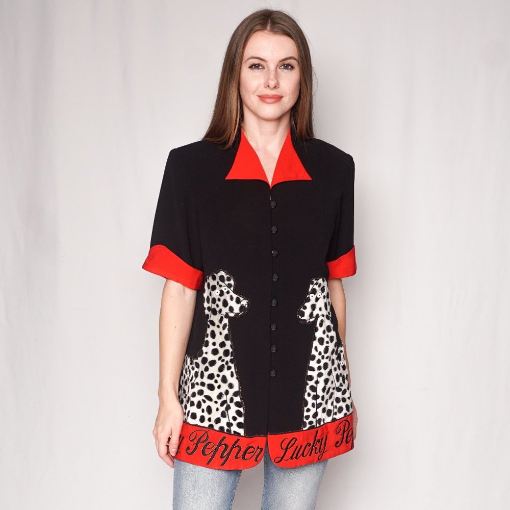 VINTAGE Black & Red Dalmatian Short-Sleeve Blazer
